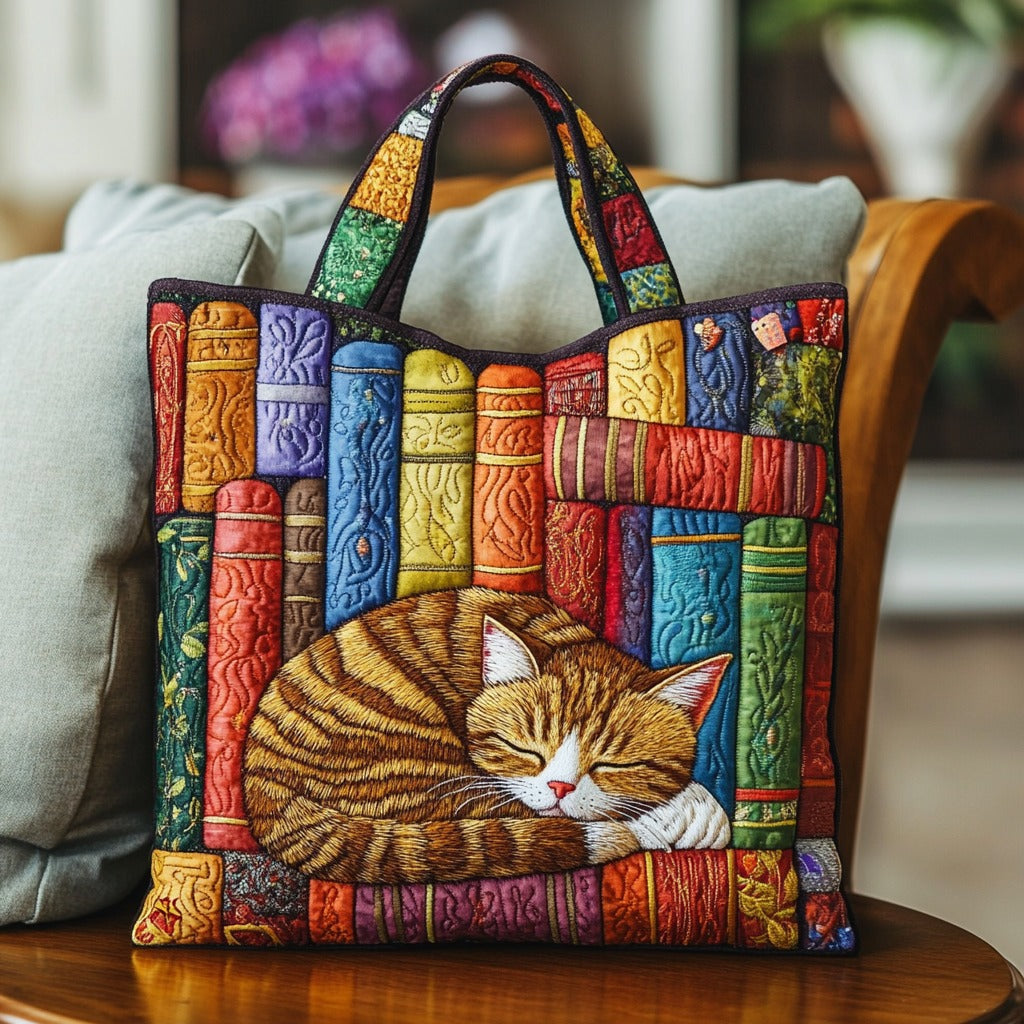 Katze in der alten Bibliothek — gesteppter Shopper