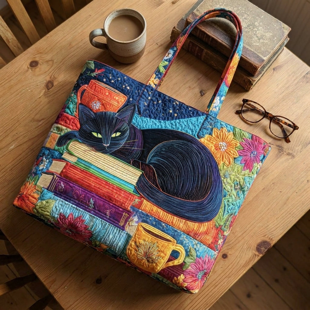 Schwarze Katze mit Büchern und Bechern — Handwerklich gesteppte Tasche