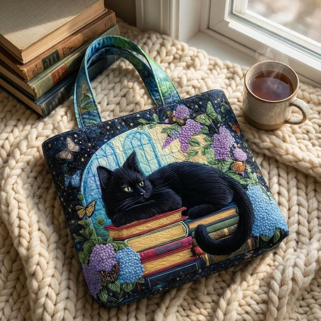 Schwarze Katze auf Büchern — Handwerklich gesteppte Tasche