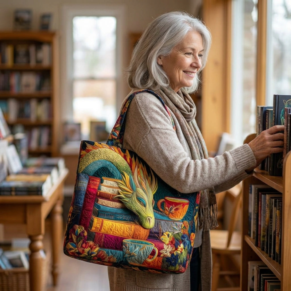 Lesender Drache mit Büchern und Bechern — Handwerklich gesteppte Tasche