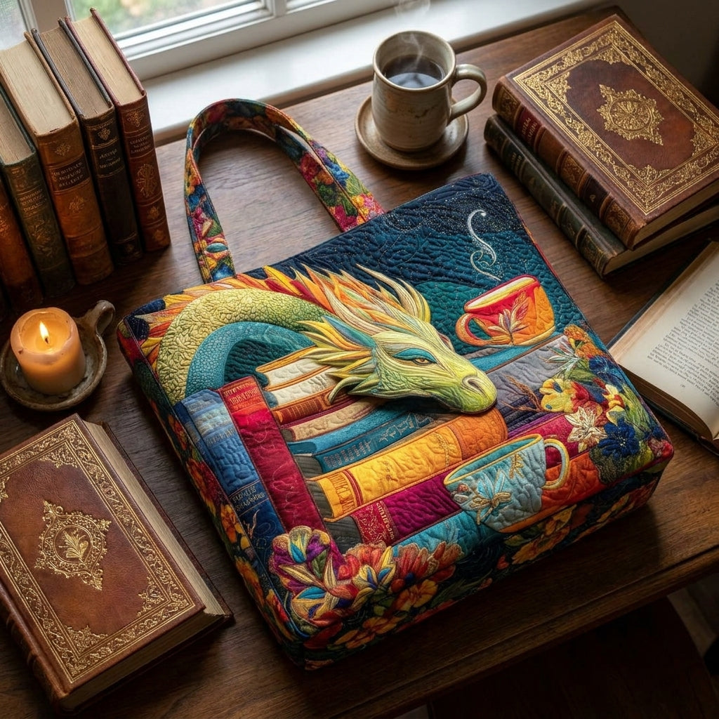 Lesender Drache mit Büchern und Bechern — Handwerklich gesteppte Tasche