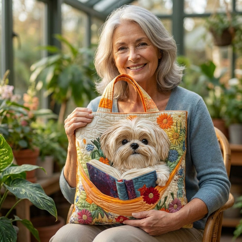 Shih Tzu mit Büchern und Blüten — Handwerklich gesteppte Tasche