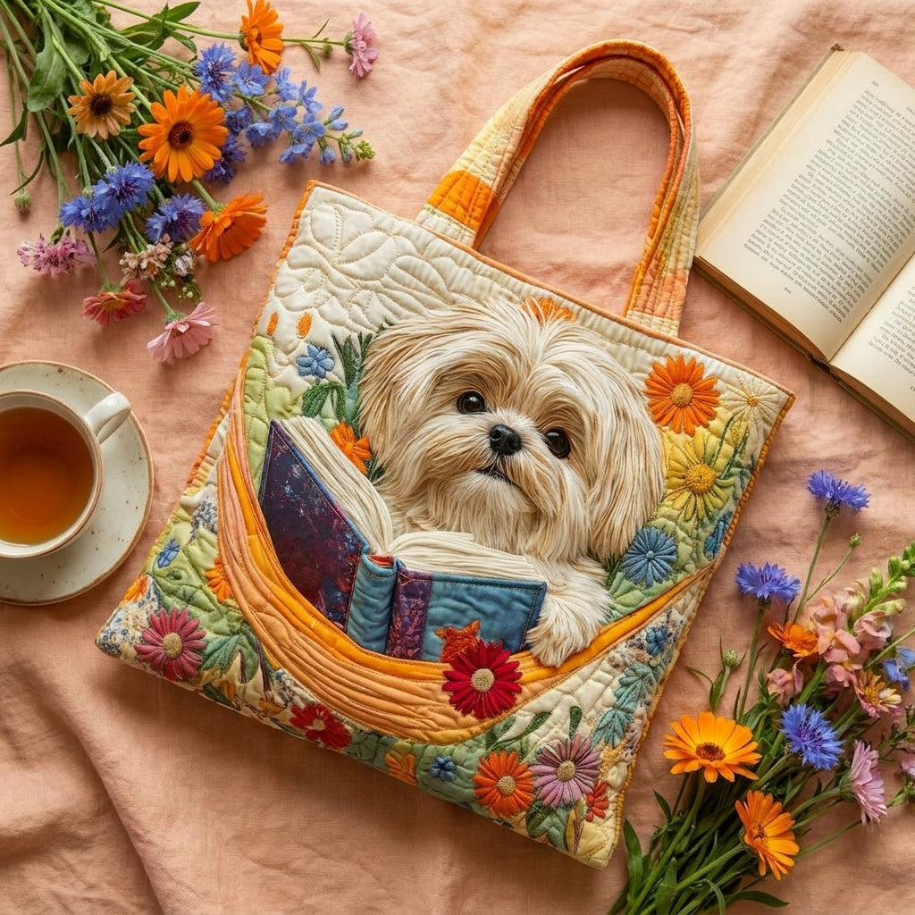 Shih Tzu mit Büchern und Blüten — Handwerklich gesteppte Tasche