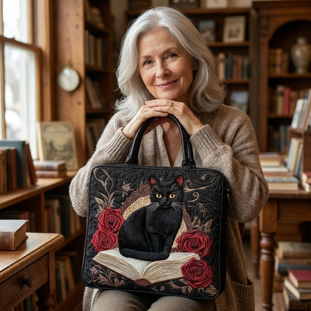 Schwarze Katze auf Büchern — Handwerklich gesteppte Tasche