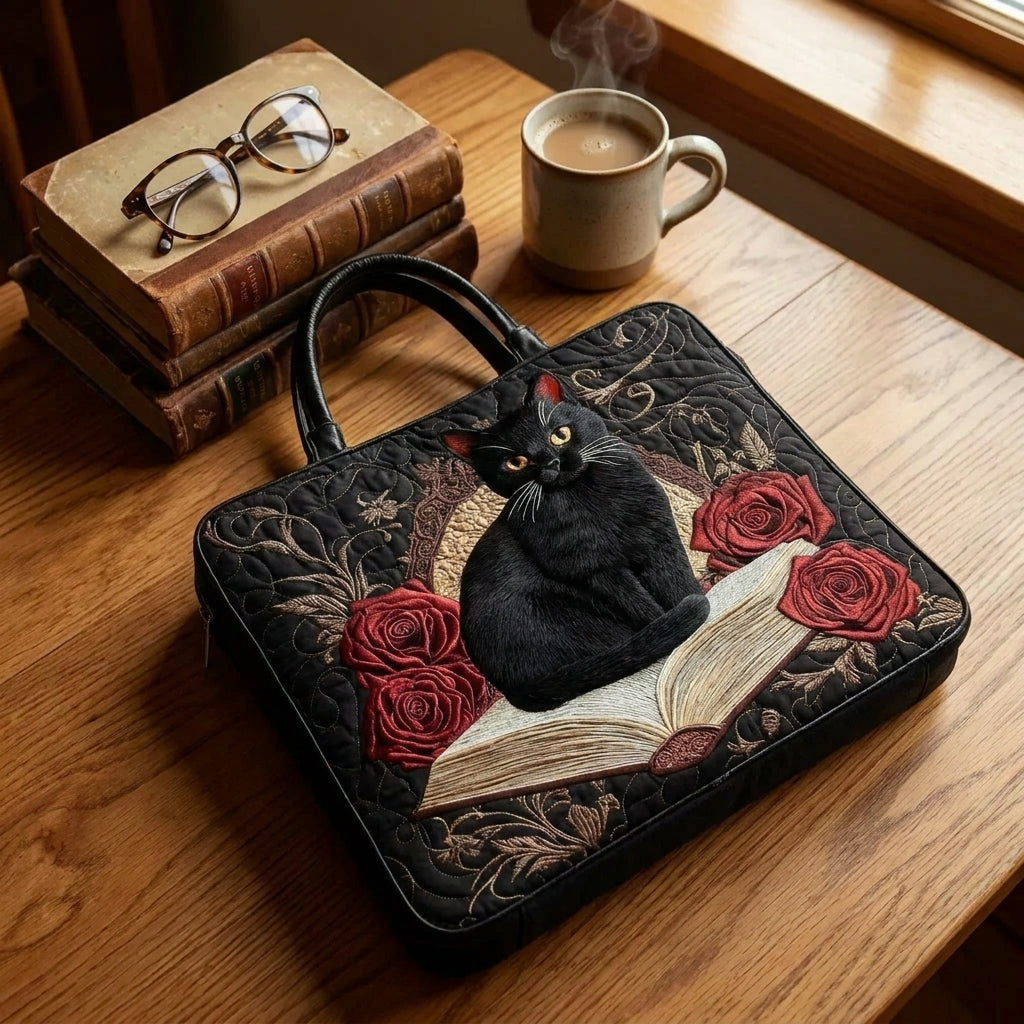 Schwarze Katze auf Büchern — Handwerklich gesteppte Tasche