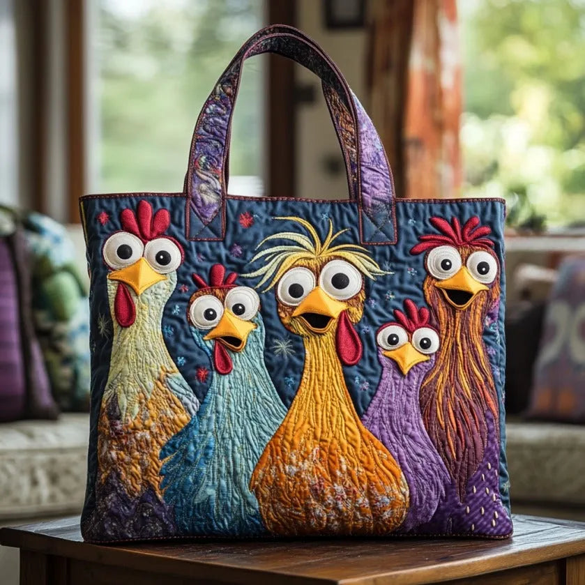 Fünf bunte Hühner — handwerklich gesteppte Tasche