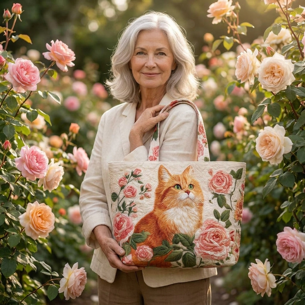 Rote Katze mit Rosen — Handwerklich gesteppte Tasche
