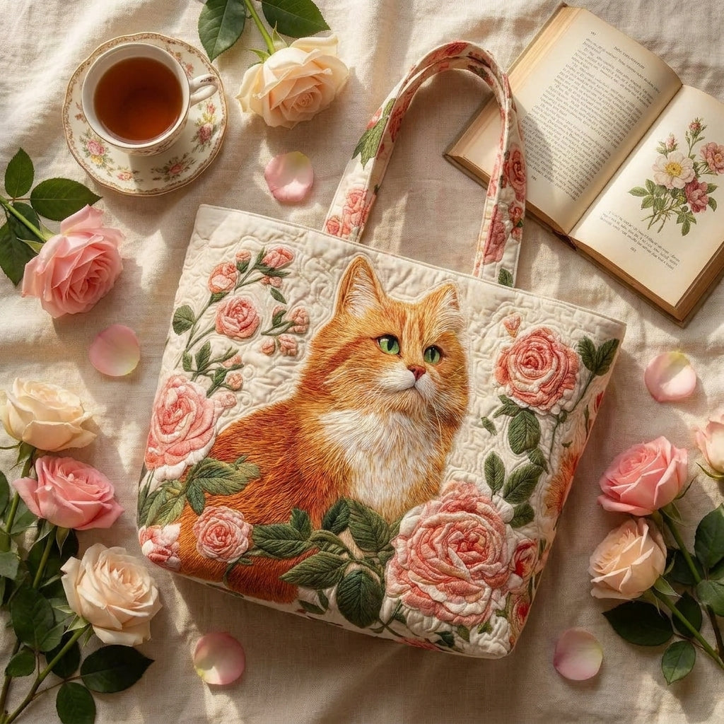 Rote Katze mit Rosen — Handwerklich gesteppte Tasche