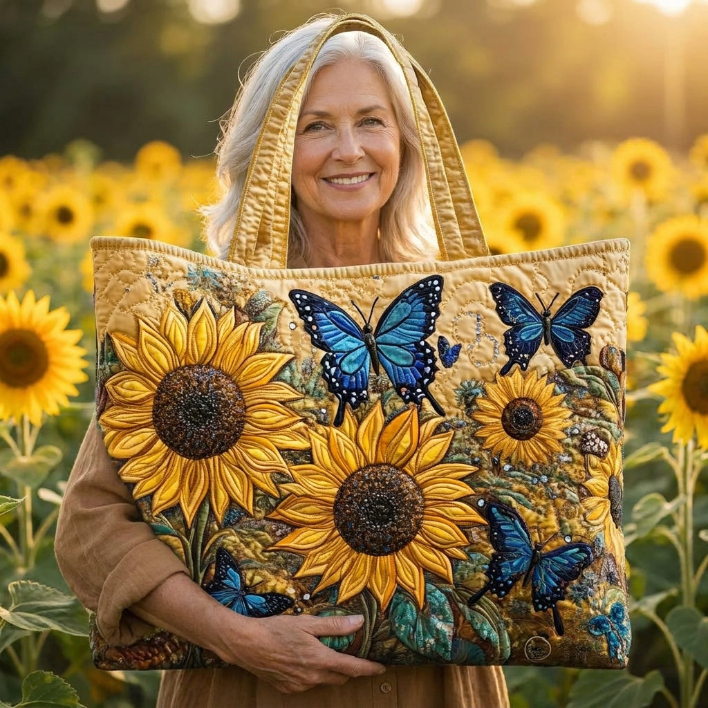 Sonnenblumen und blaue Schmetterlinge — Handwerklich gesteppte Tasche