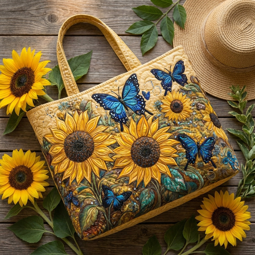 Sonnenblumen und blaue Schmetterlinge — Handwerklich gesteppte Tasche
