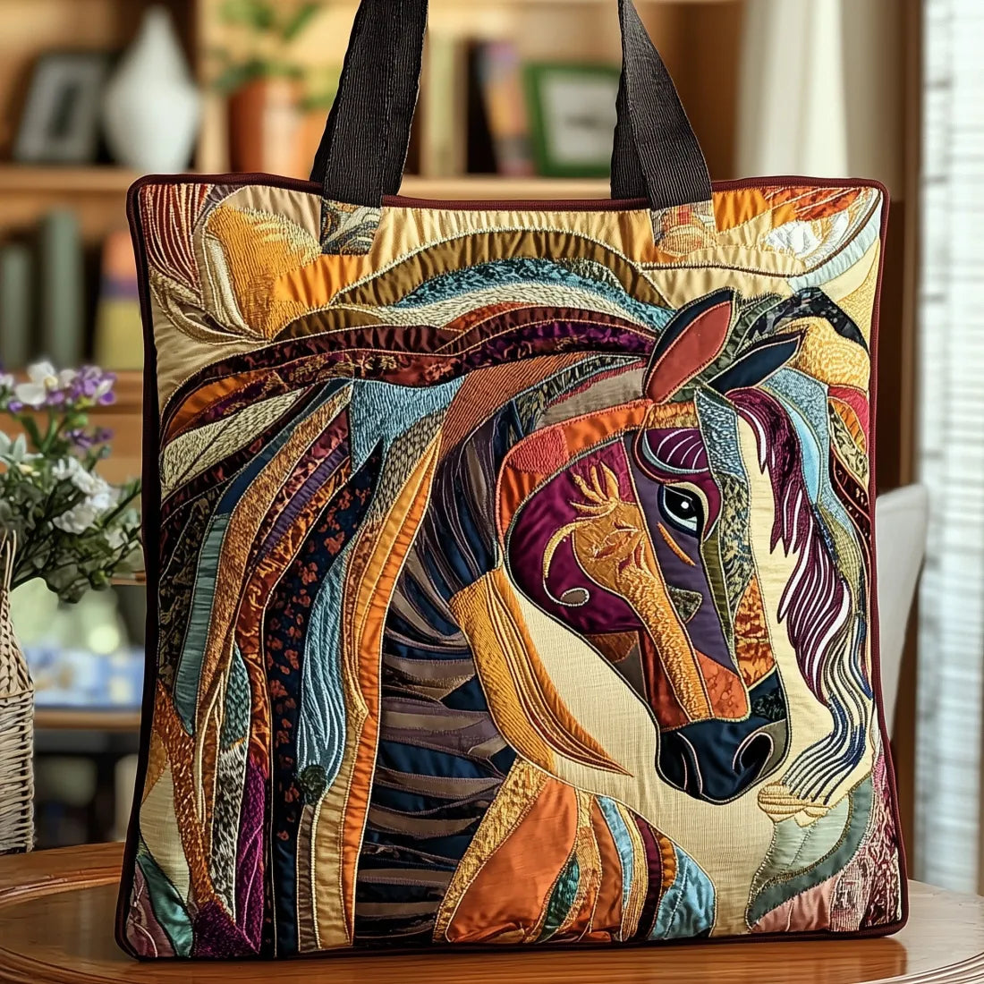 Buntes Mosaikpferd — handwerklich gesteppte Tasche