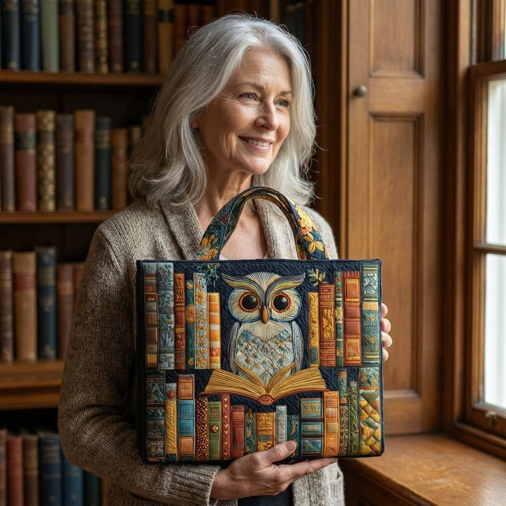 Eule mit Vintage-Büchern — Handwerklich gesteppte Tasche