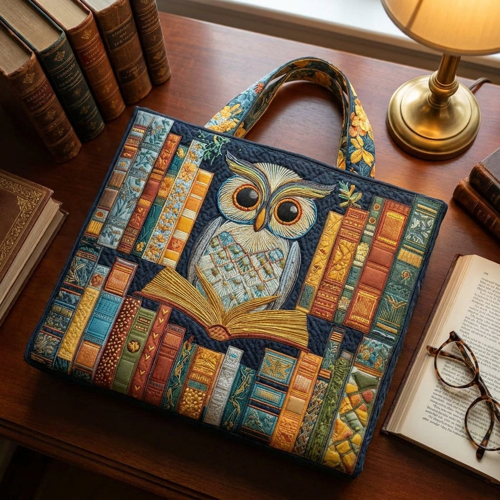 Eule mit Vintage-Büchern — Handwerklich gesteppte Tasche
