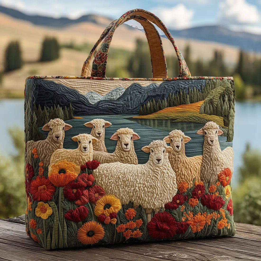 Schafe am See — handwerklich gesteppte Tasche