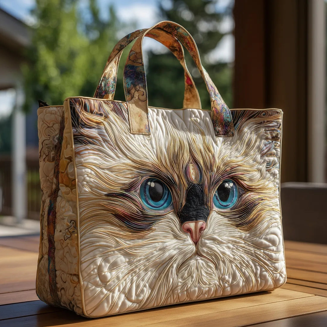 Weiße Katze mit blauen Augen — handwerklich gesteppte Tasche