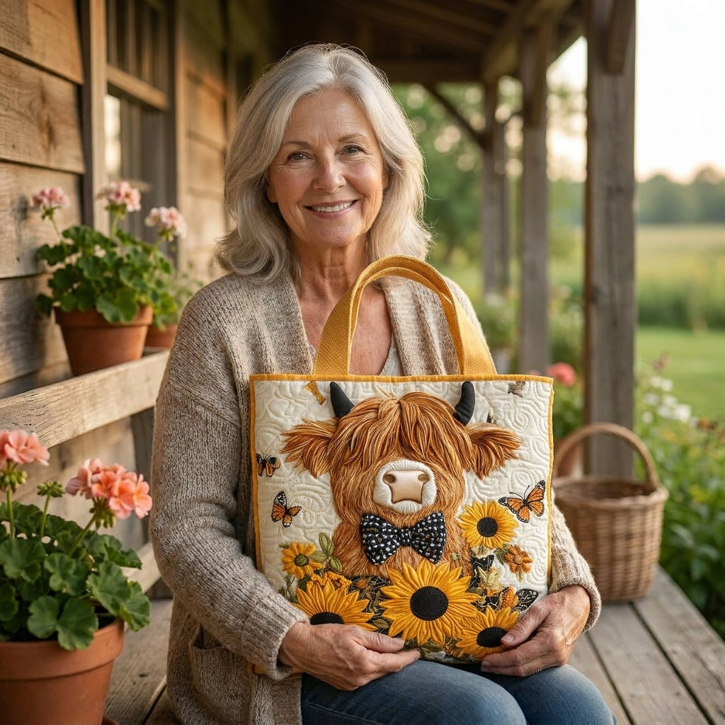 Schottisches Hochlandrind mit Sonnenblumen — handwerklich gesteppte Tasche