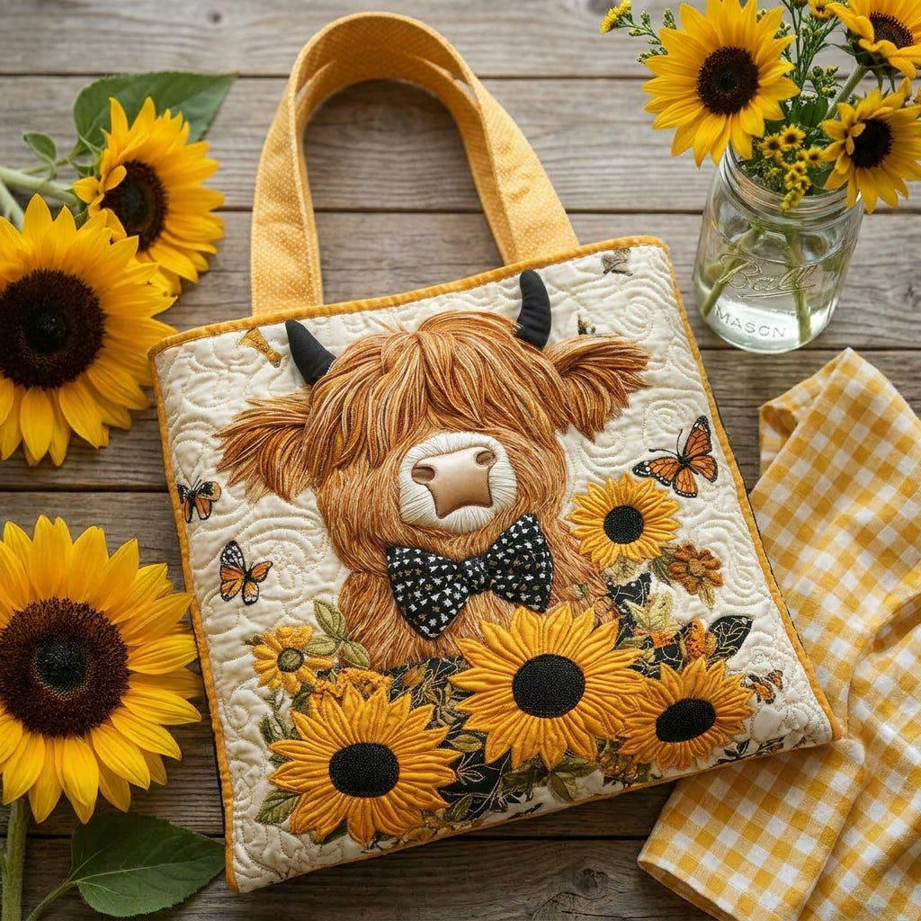 Schottisches Hochlandrind mit Sonnenblumen — handwerklich gesteppte Tasche