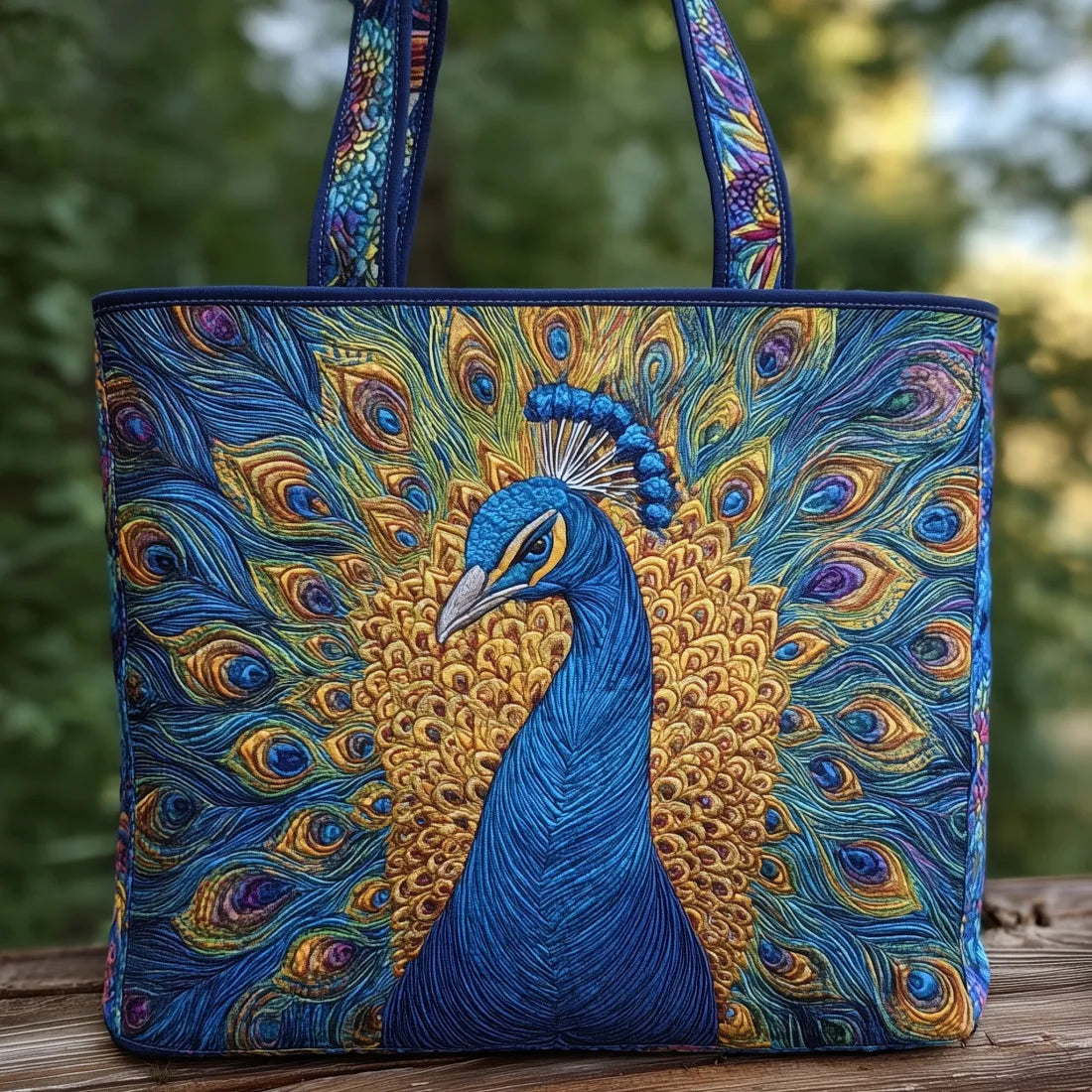 Königlicher Pfau — handwerklich gesteppte Tasche