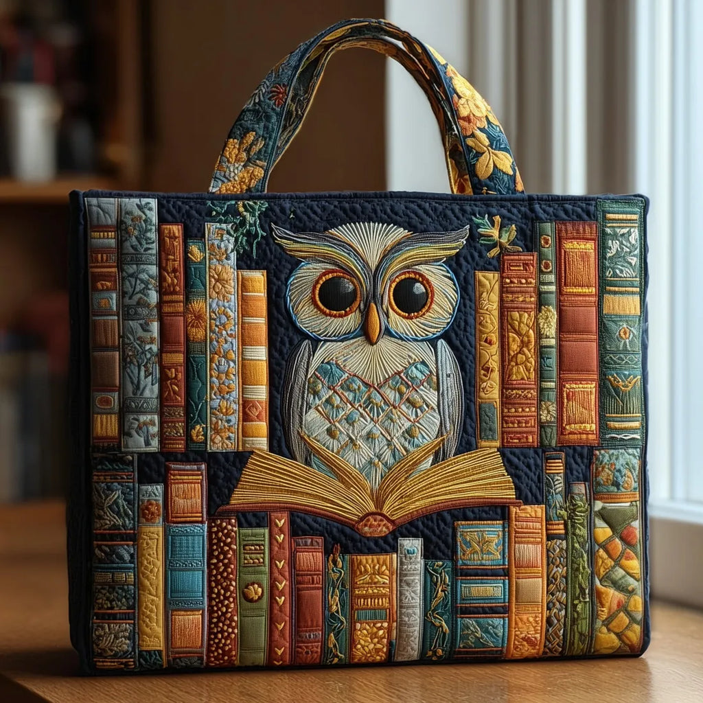 Eule mit Vintage-Büchern — Handwerklich gesteppte Tasche
