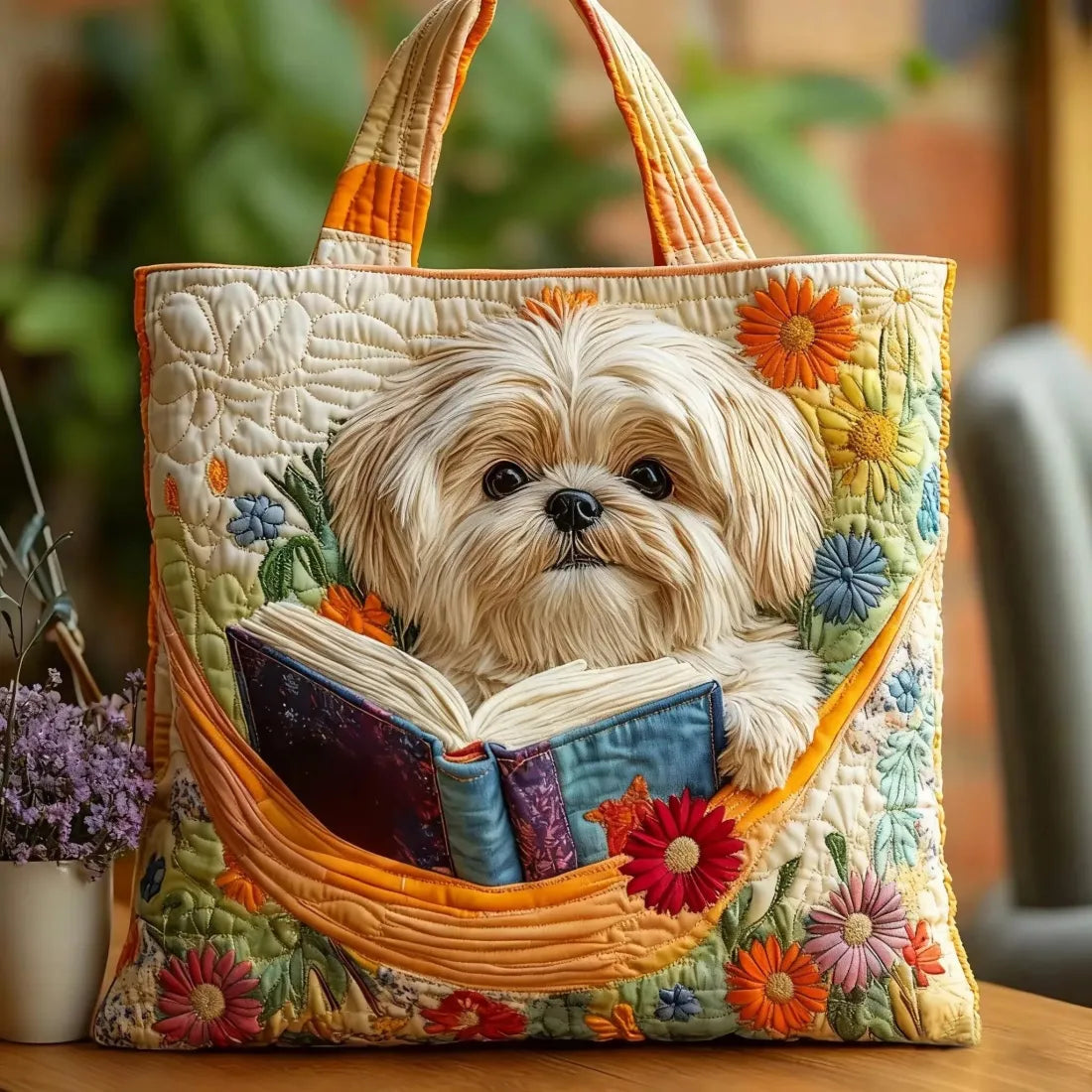Shih Tzu mit Büchern und Blüten — Handwerklich gesteppte Tasche