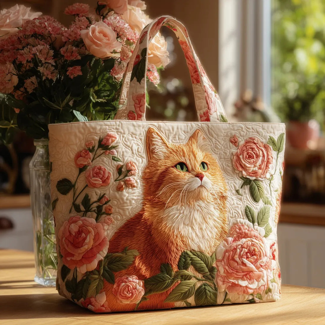 Rote Katze mit Rosen — Handwerklich gesteppte Tasche