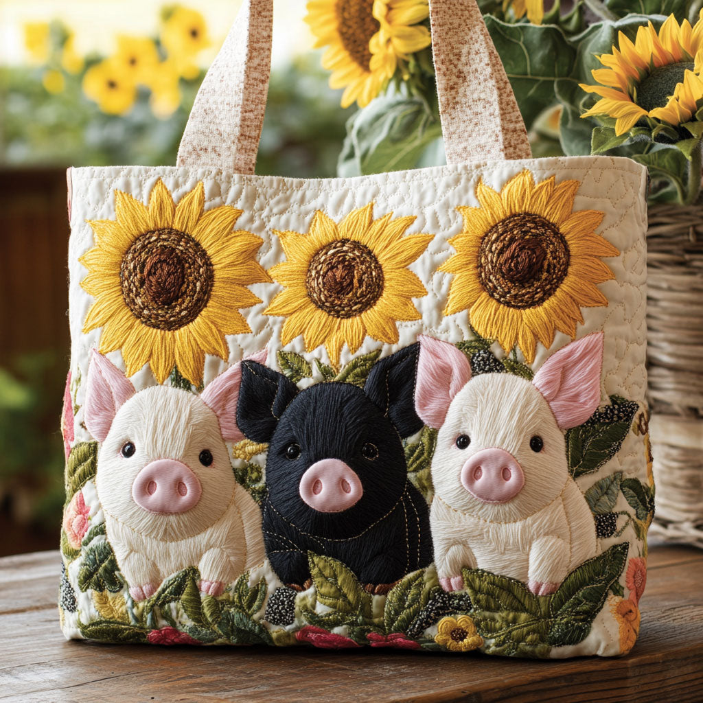 Schweinchen mit Sonnenblume — gesteppter Shopper
