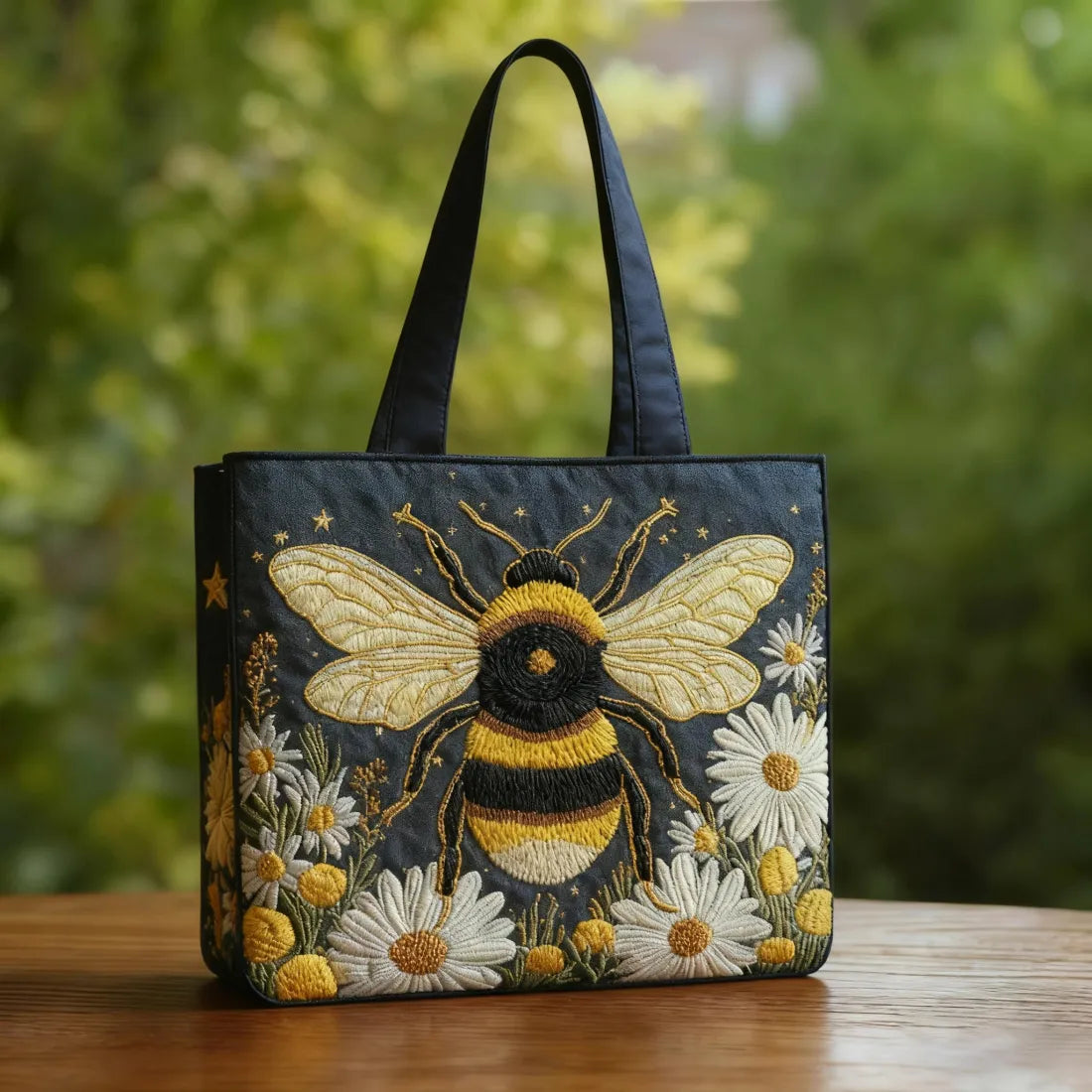 Biene mit Gänseblümchen und Sternen — handwerklich gesteppte Tasche