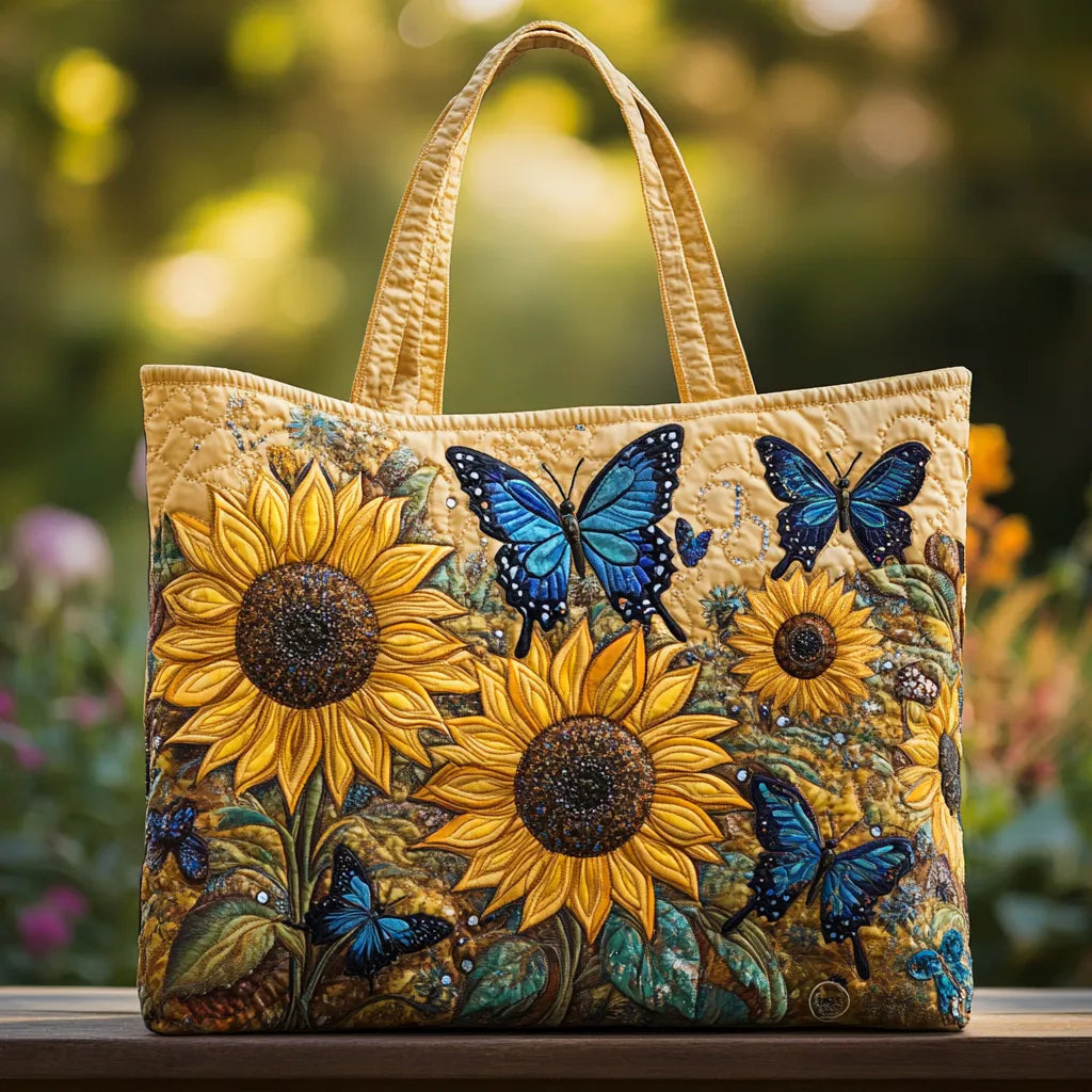 Sonnenblumen und blaue Schmetterlinge — Handwerklich gesteppte Tasche