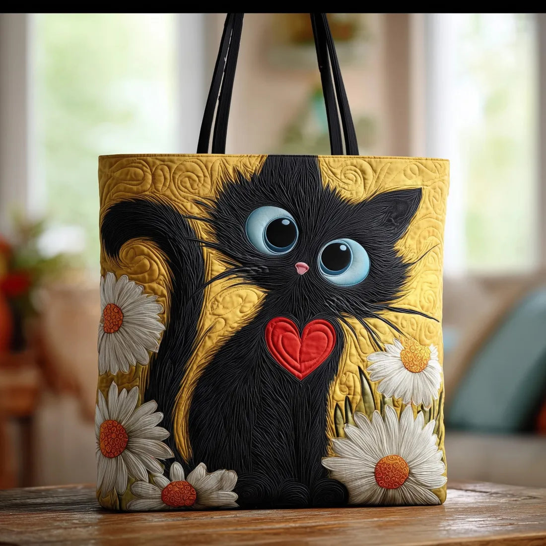 Schwarze Katze mit Gänseblümchen — handwerklich gesteppte Tasche