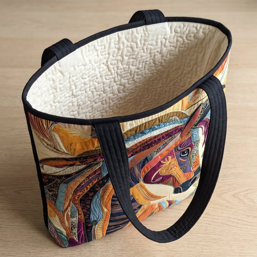 Buntes Mosaikpferd — handwerklich gesteppte Tasche