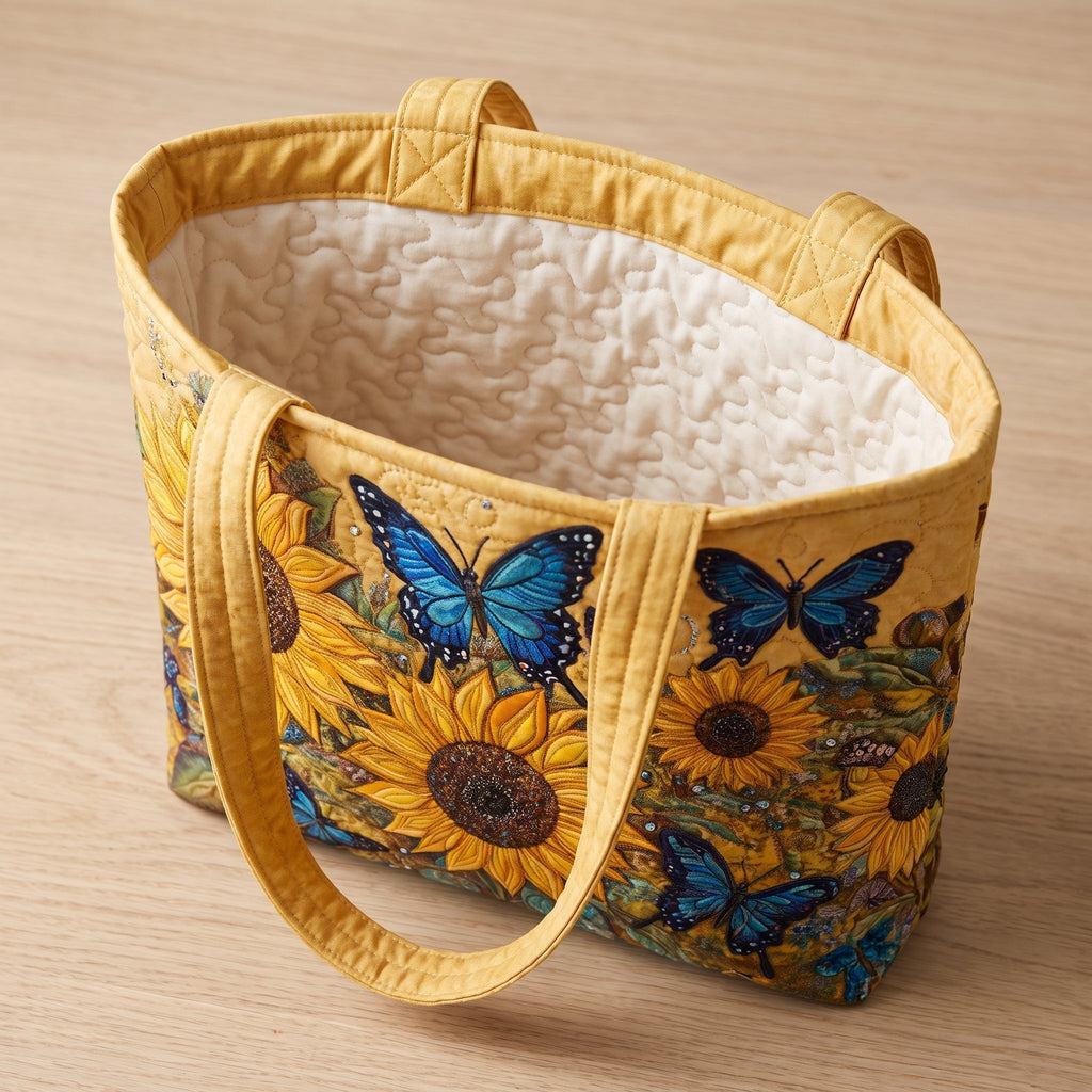Sonnenblumen und blaue Schmetterlinge — Handwerklich gesteppte Tasche