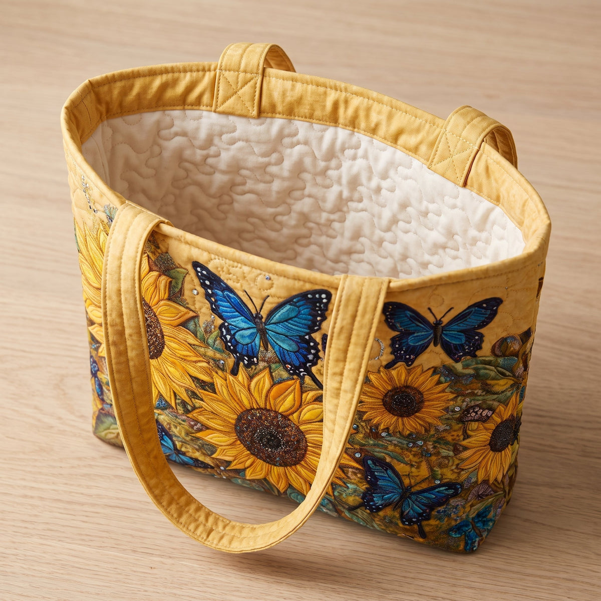 Sonnenblumen und blaue Schmetterlinge — Handwerklich gesteppte Tasche