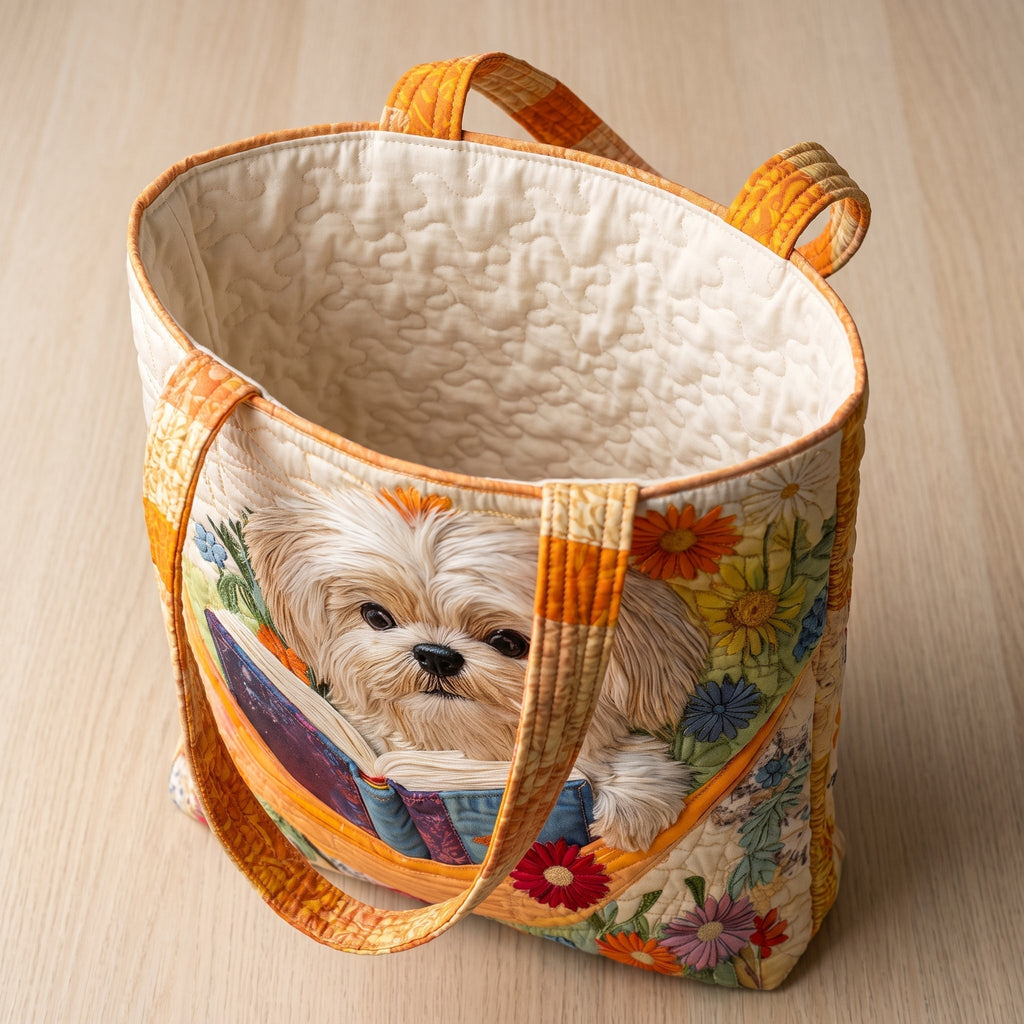 Shih Tzu mit Büchern und Blüten — Handwerklich gesteppte Tasche