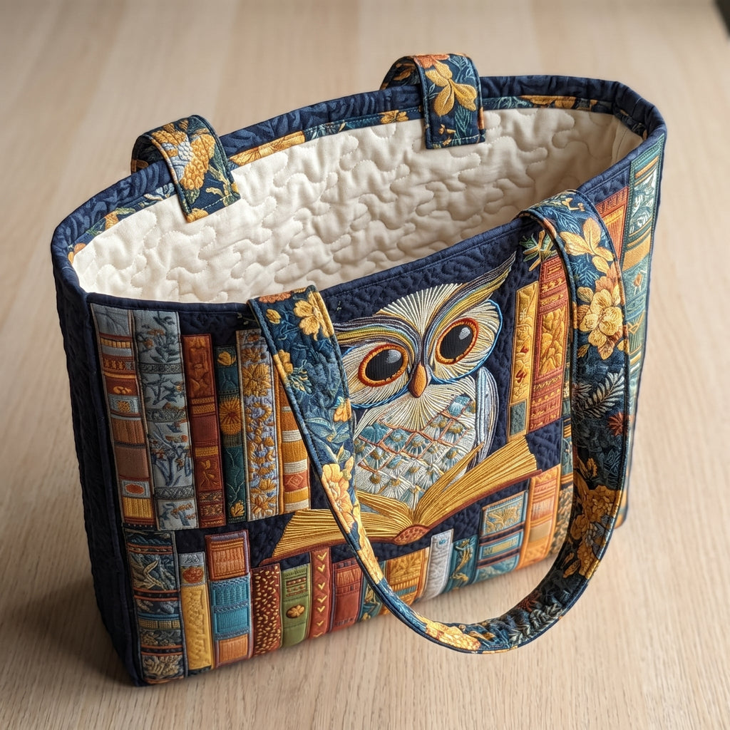 Eule mit Vintage-Büchern — Handwerklich gesteppte Tasche