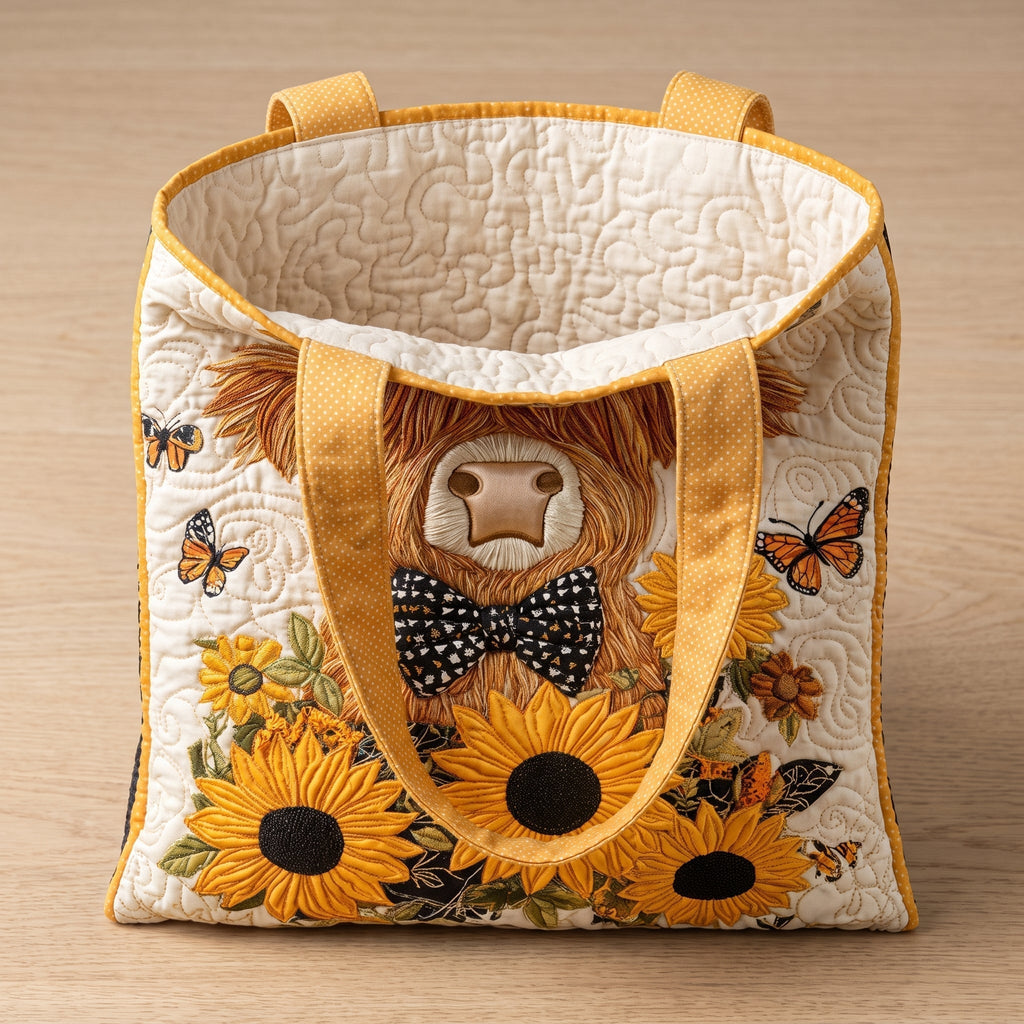 Schottisches Hochlandrind mit Sonnenblumen — handwerklich gesteppte Tasche