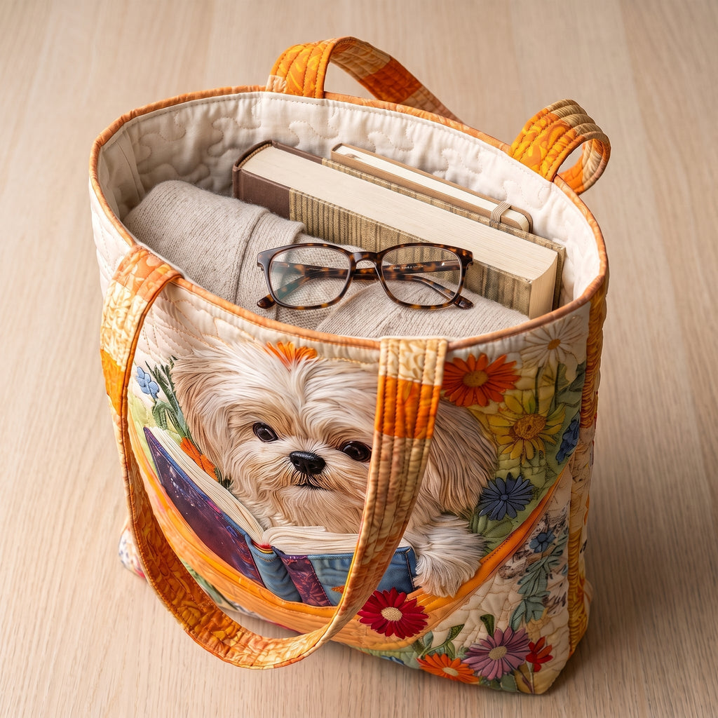 Shih Tzu mit Büchern und Blüten — Handwerklich gesteppte Tasche
