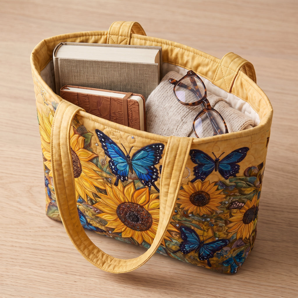 Sonnenblumen und blaue Schmetterlinge — Handwerklich gesteppte Tasche