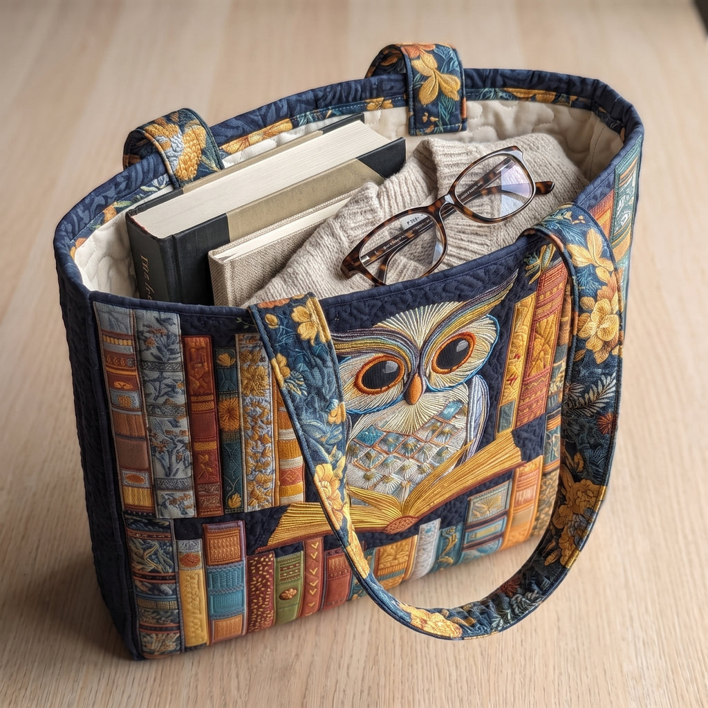Eule mit Vintage-Büchern — Handwerklich gesteppte Tasche