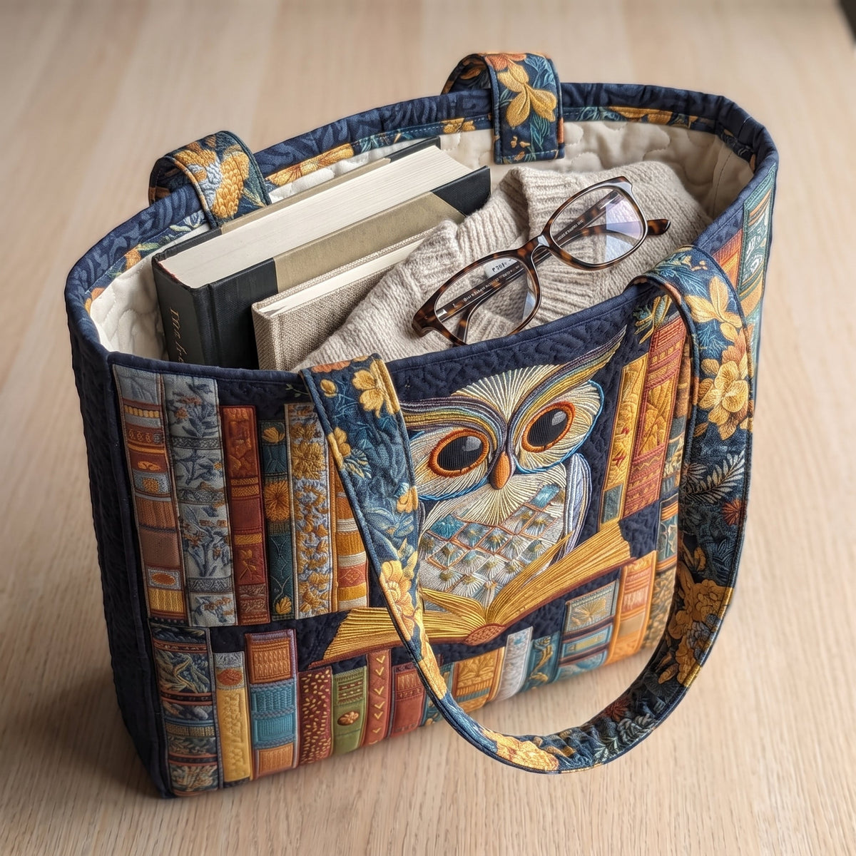 Eule mit Vintage-Büchern — Handwerklich gesteppte Tasche