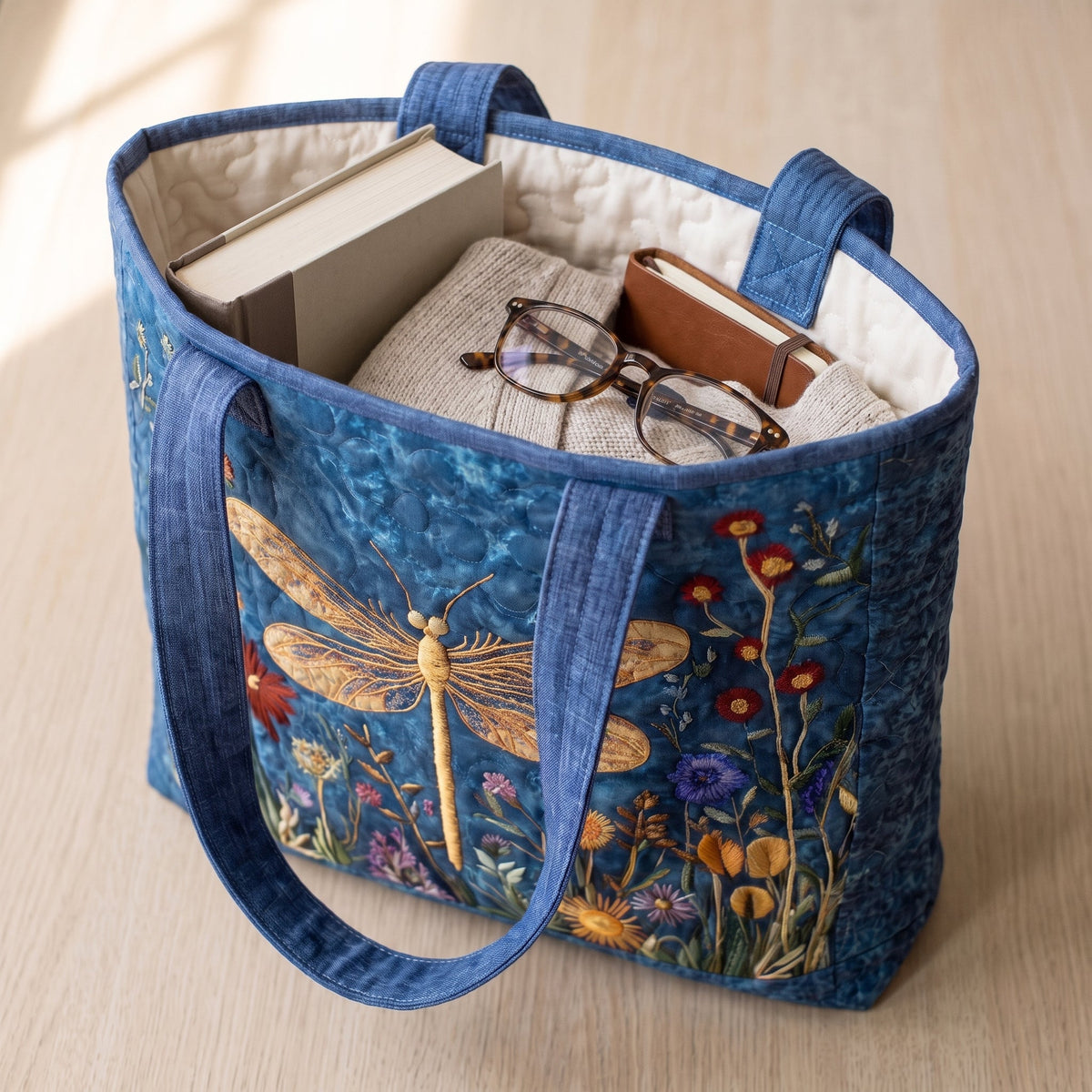 Goldene Libelle — Handwerklich gesteppte Tasche