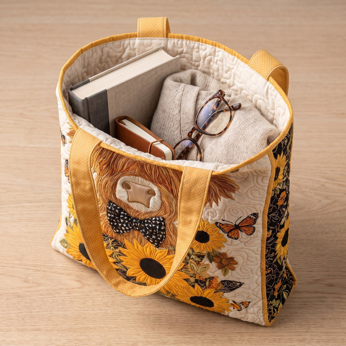 Schottisches Hochlandrind mit Sonnenblumen — handwerklich gesteppte Tasche