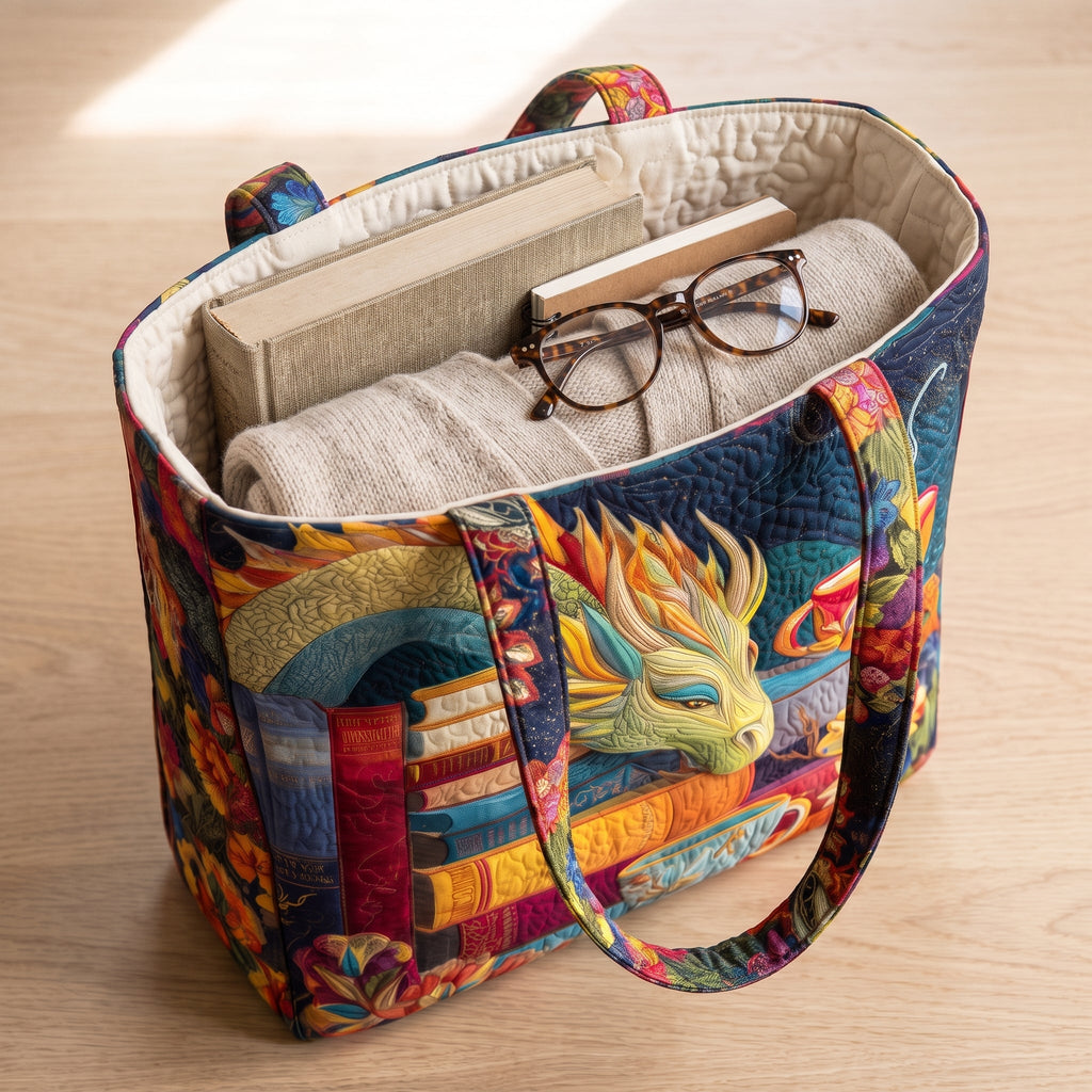 Lesender Drache mit Büchern und Bechern — Handwerklich gesteppte Tasche