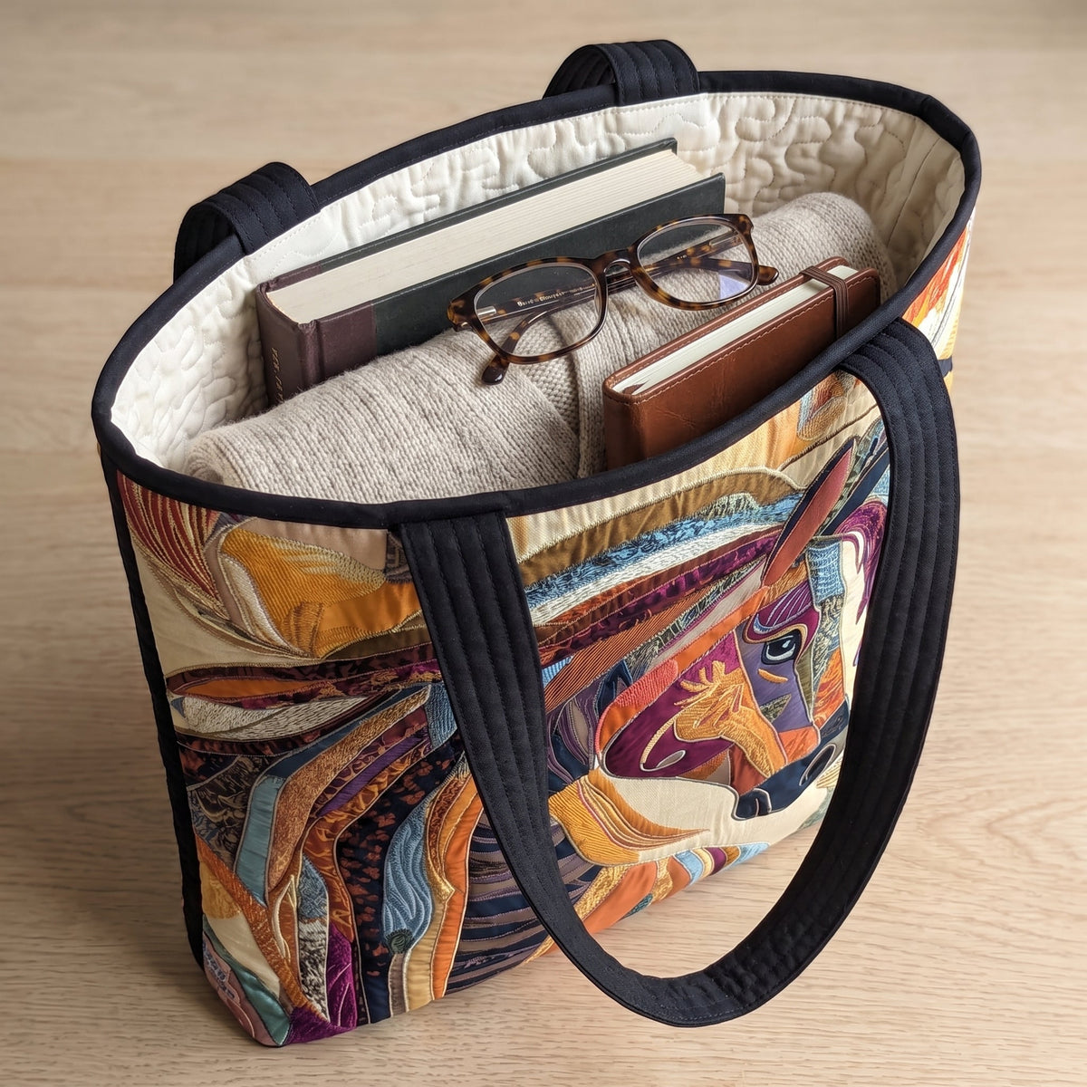 Buntes Mosaikpferd — handwerklich gesteppte Tasche