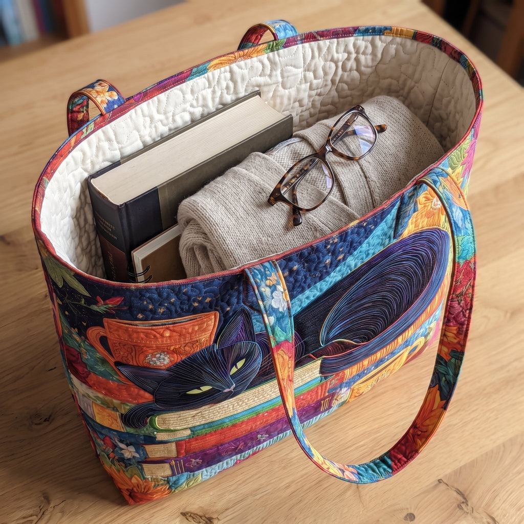 Schwarze Katze mit Büchern und Bechern — Handwerklich gesteppte Tasche