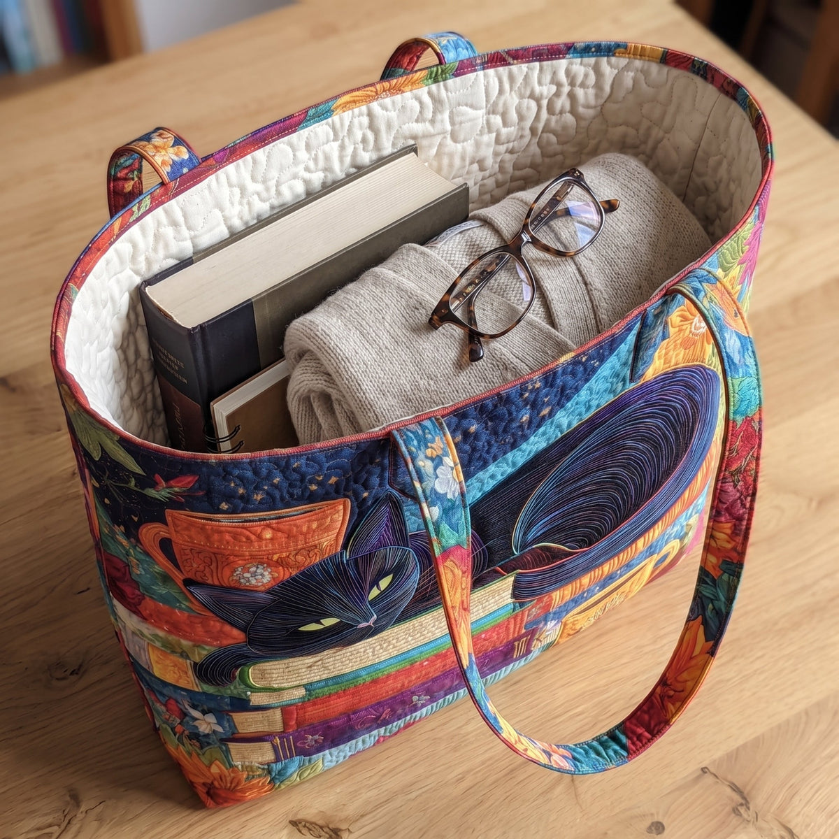 Schwarze Katze mit Büchern und Bechern — Handwerklich gesteppte Tasche