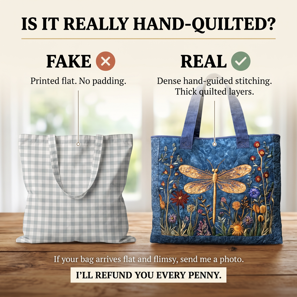 Goldene Libelle — Handwerklich gesteppte Tasche