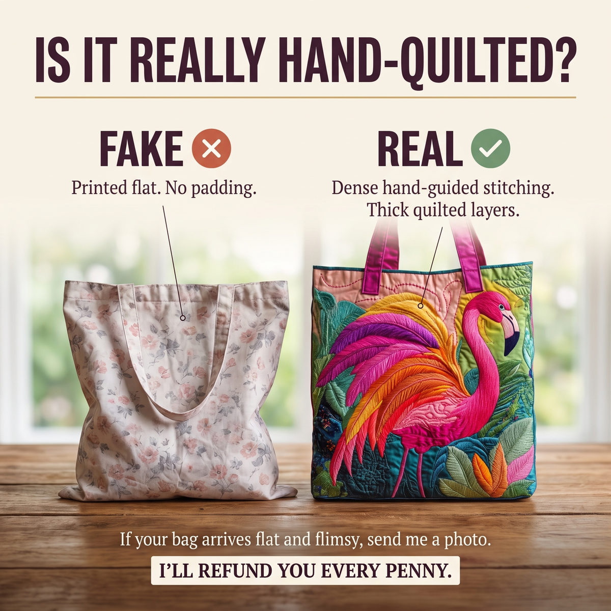 Regenbogenflamingo — handwerklich gesteppte Tasche