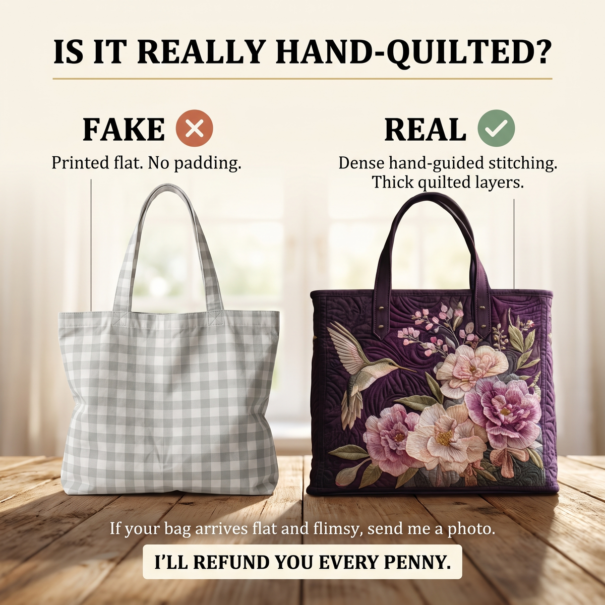 Kolibris und Orchideen — Handwerklich gesteppte Tasche