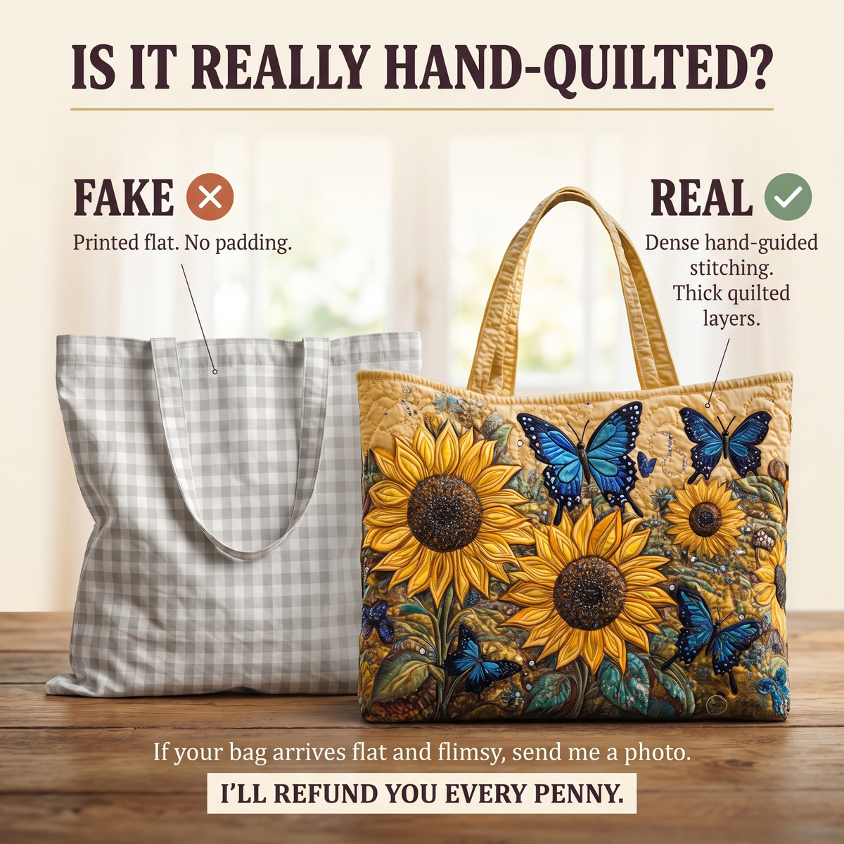 Sonnenblumen und blaue Schmetterlinge — Handwerklich gesteppte Tasche