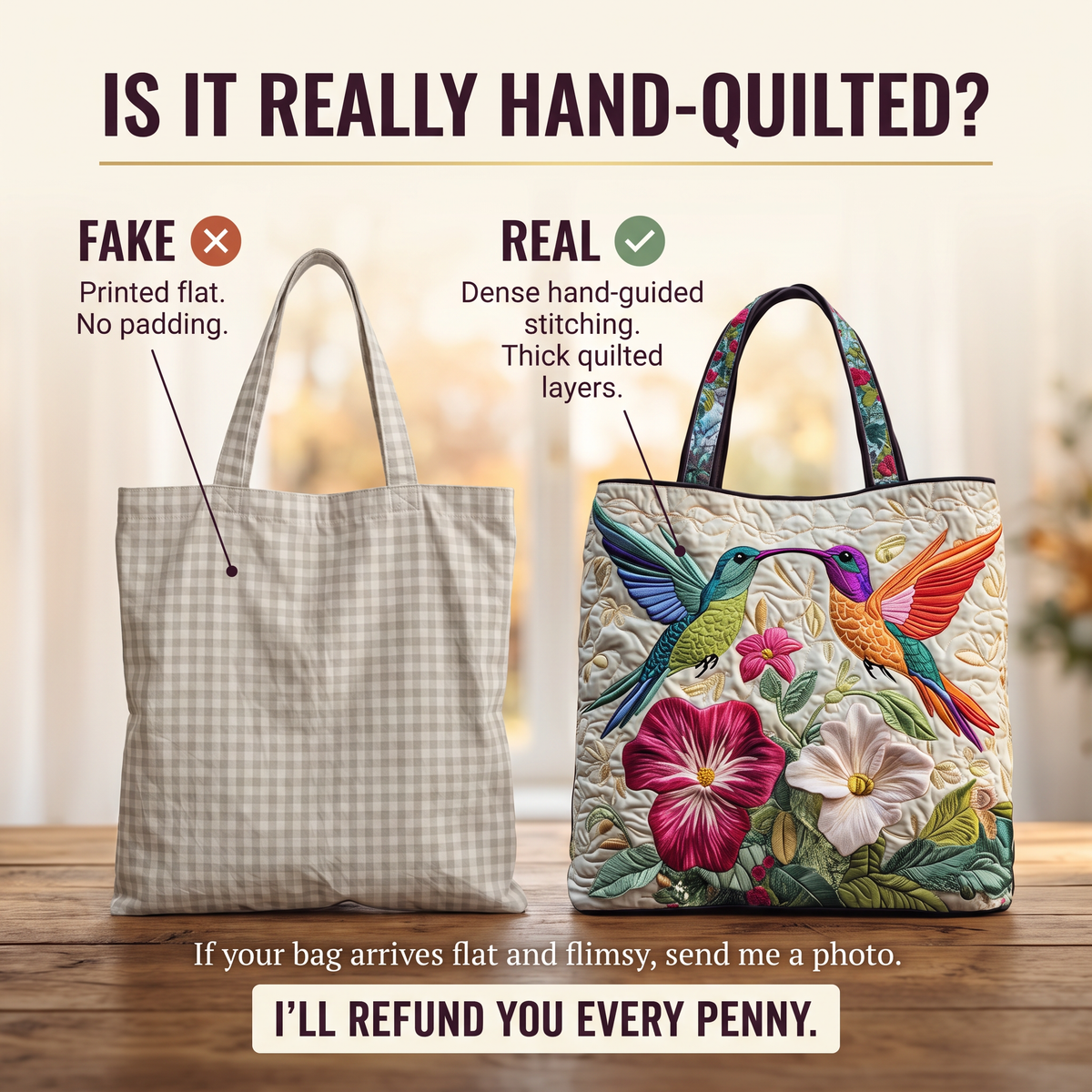 Kolibri und weiße Blumen — handwerklich gesteppte Tasche